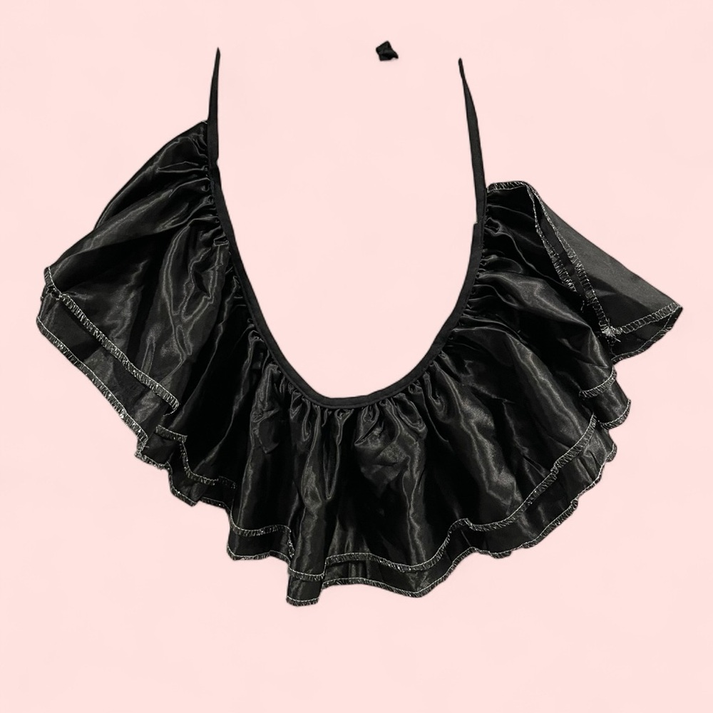 Black silky metallic ruffle fetish whimsigoth tie collar skirt necklace